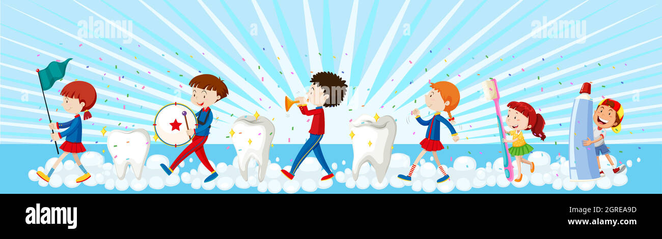 Children in band doing parade with tooth Stock Vector