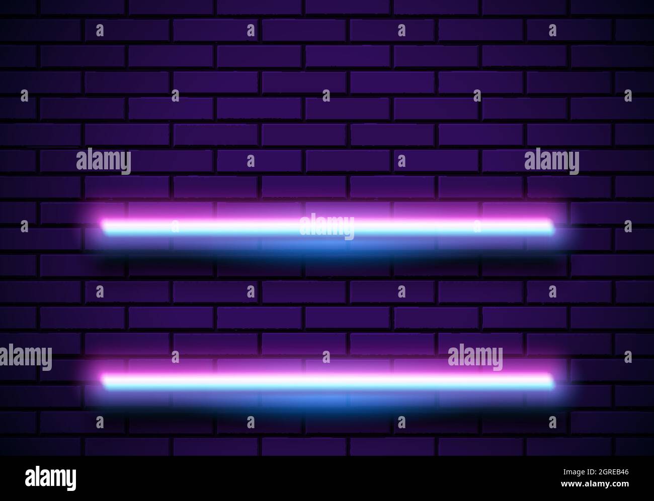 Neon frame with shelves on the blue brick wall. Classic round 80s ...