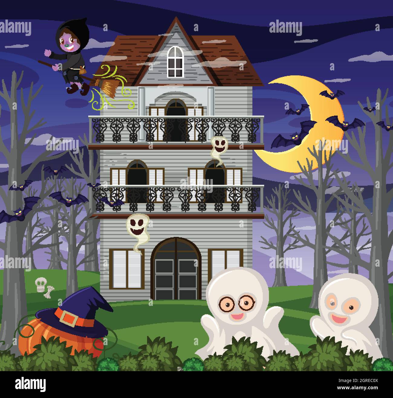 Haunted halloween mansion at night illustration Stock Vector Image ...