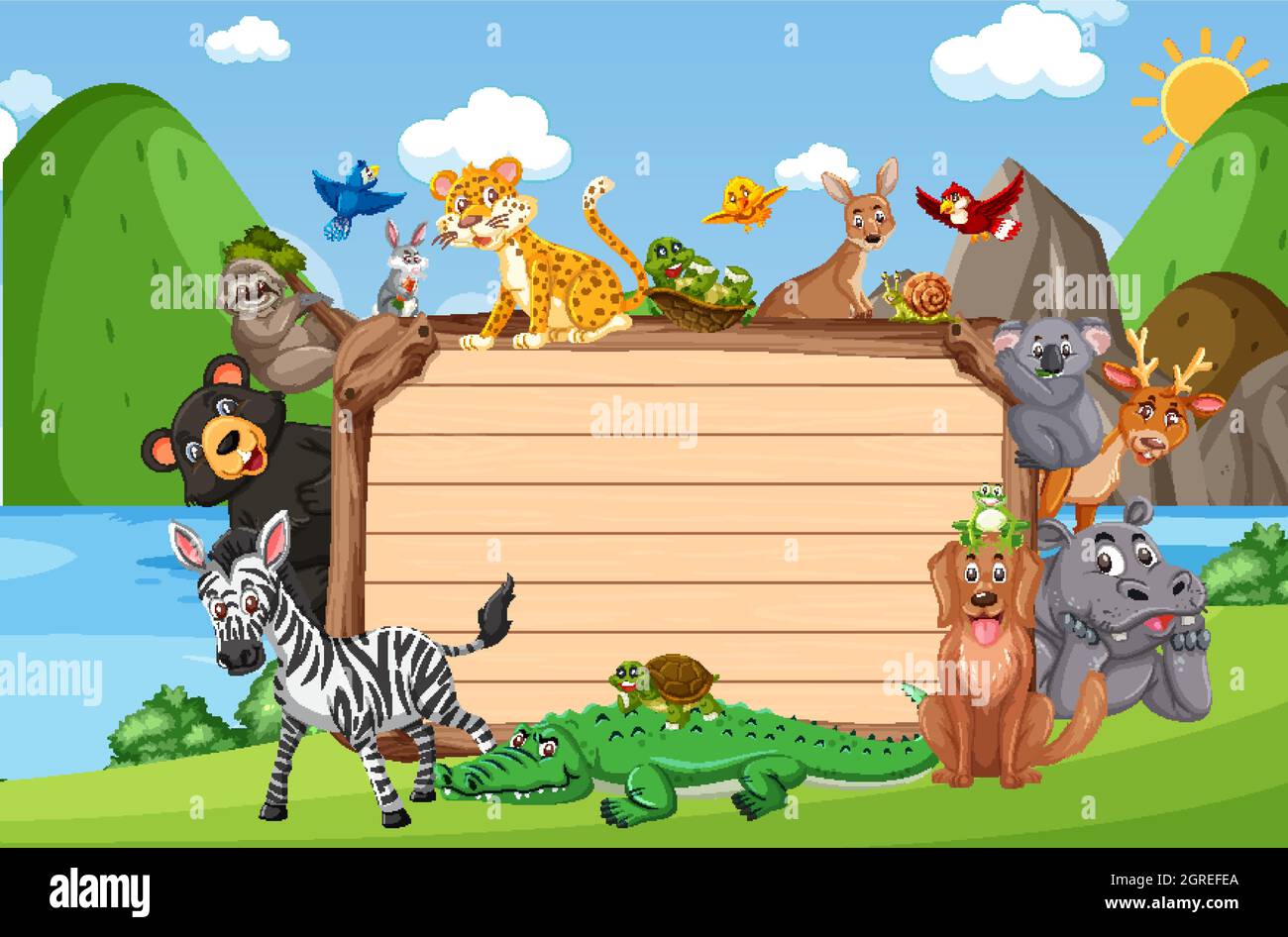 Empty wooden board with various wild animals in the forest illustration ...