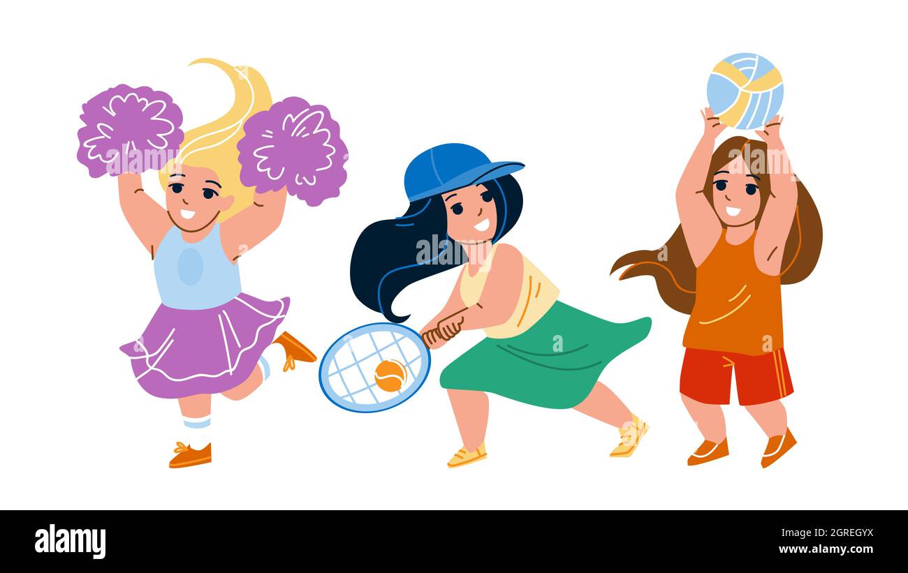 Girls Kids Playing Sport Game And Dancing Vector Stock Vector Image ...