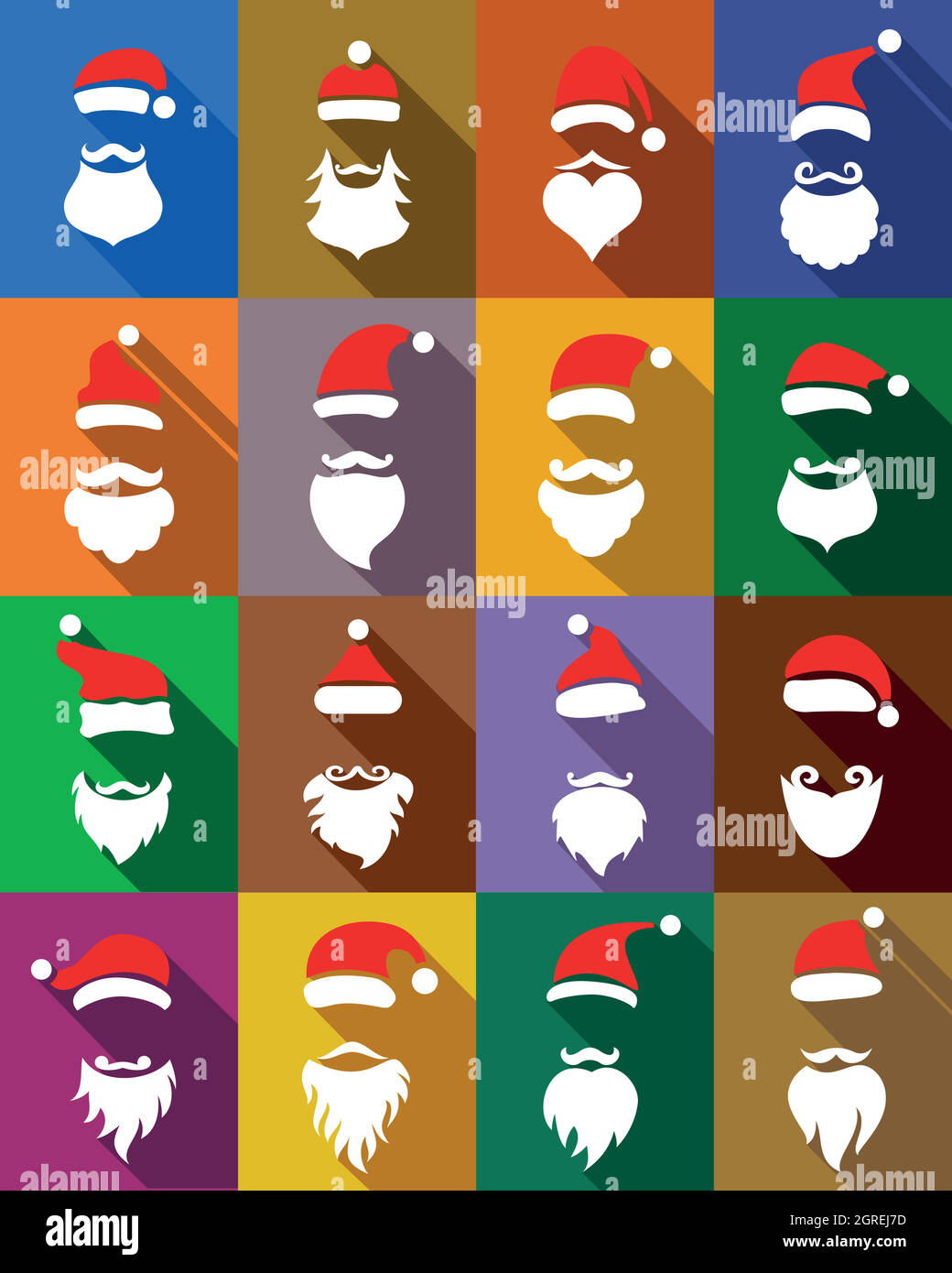 Hats and beards Santa set, flat style Stock Vector