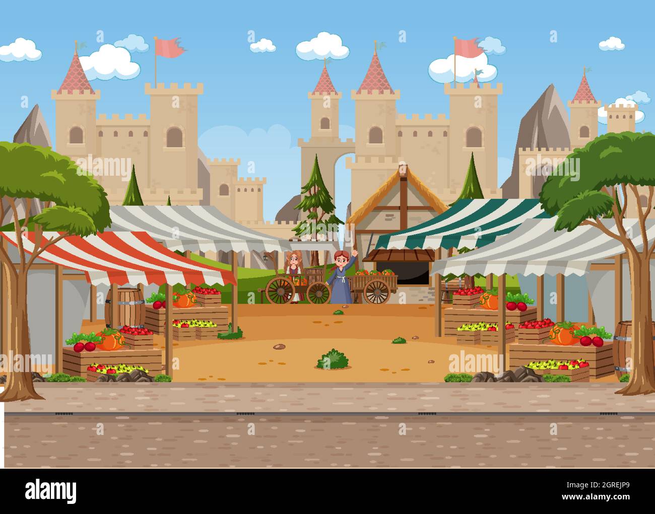 Medieval town scene with market place illustration Stock Vector Image ...