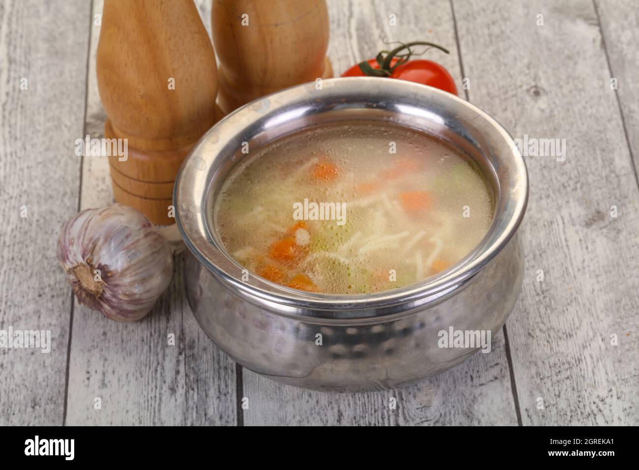 Chicken soup with noodles, carrot and celery Stock Photo Alamy