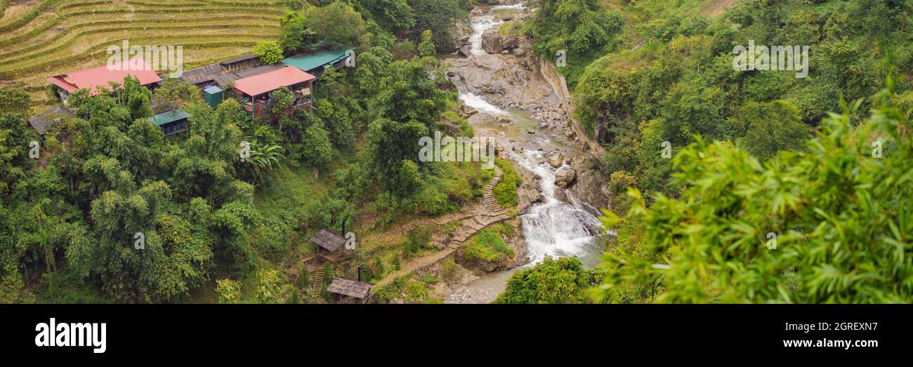 Landscape of Sapa in the fog, Northwest Vietnam. Vietnam opens to tourism after quarantine Coronovirus COVID 19 BANNER, LONG FORMAT Stock Photo