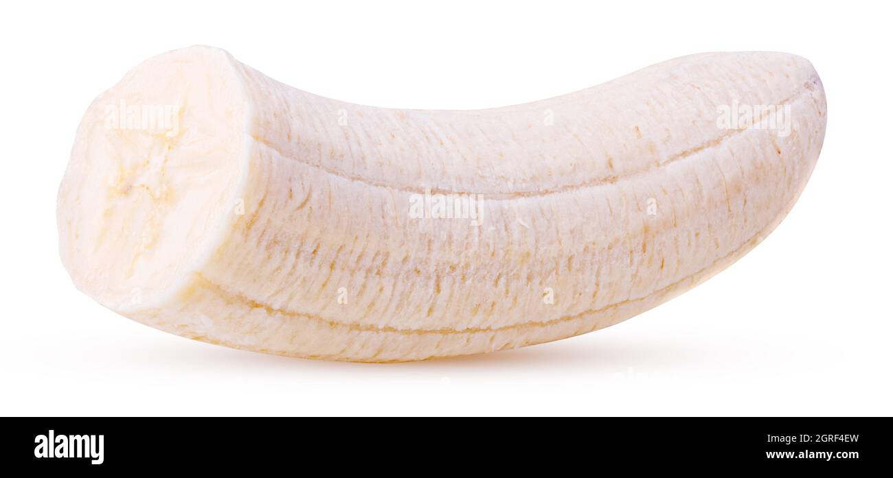 Peeled banana cut in half isolated on white background. Clipping Path
