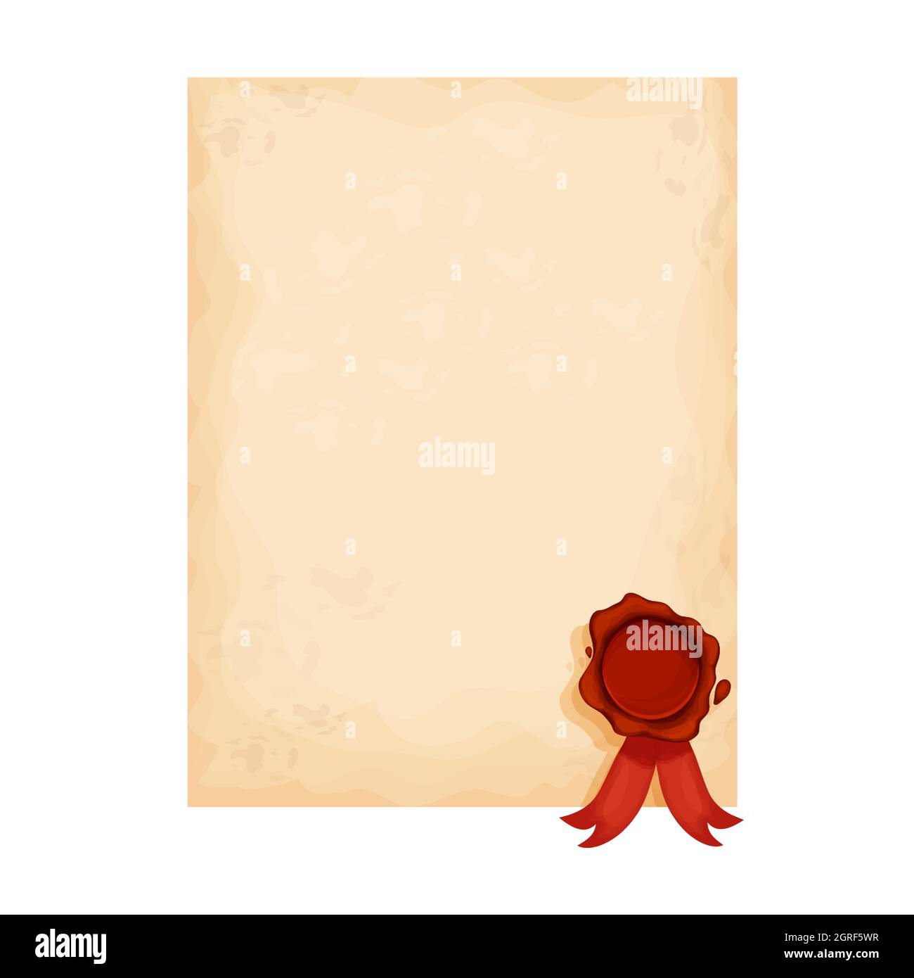 Parchment paper, document empty frame with wax seal and ribbon cartoon style isolated on white