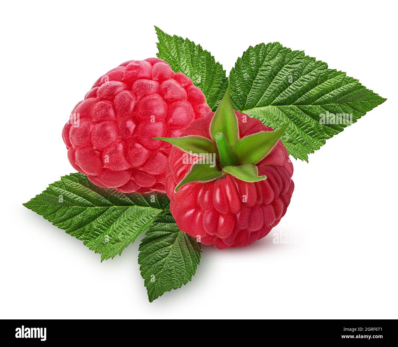 2 Raspberries Two ripe raspberries with leaf isolated on white background. Clipping ...