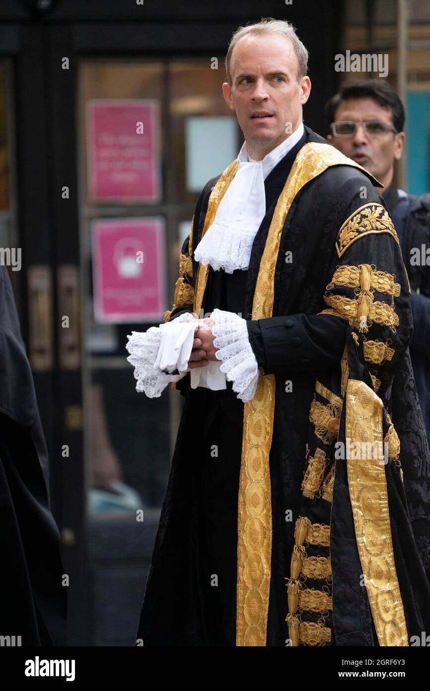 LONDON - OCTOBER 1: The annual Judges Service took place at Westminster Abbey in London today, October 1, 2021. At the start of the legal year the Lord Chancellor, Dominic Raab wearing the robes of his office as Lord Chancellor, arrives at Westminster Abbey. Judges, Q.C's and senior legal figures, walk in a procession from Westminster Abbey to the Houses of Parliament, for a reception hosted by the Lord Chancellor. The custom dates back to the Middle Ages, when the judges prayed for guidance at the start of the legal year. Credit: David Levenson/Alamy Live News Stock Photo