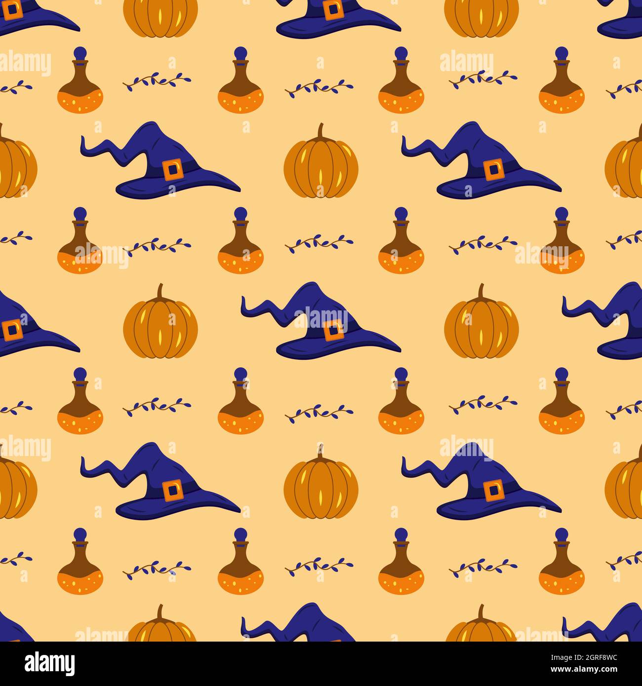 Seamless pattern with curve witch hats, pumpkins, potion and autumn ...