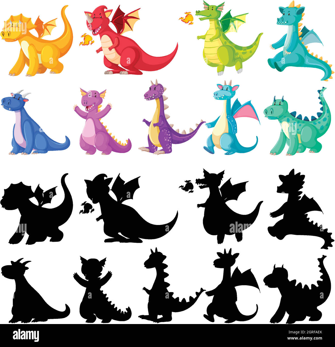 Different color of dragon in color and silhouette in cartoon character