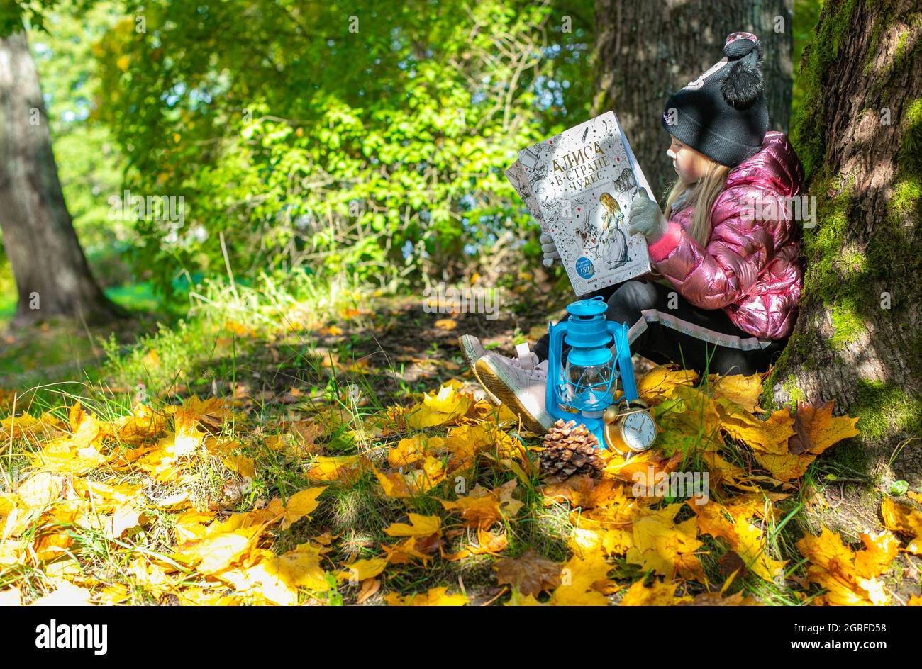 A girl is sitting by a tree in the park and reading a book Stock Photo ...