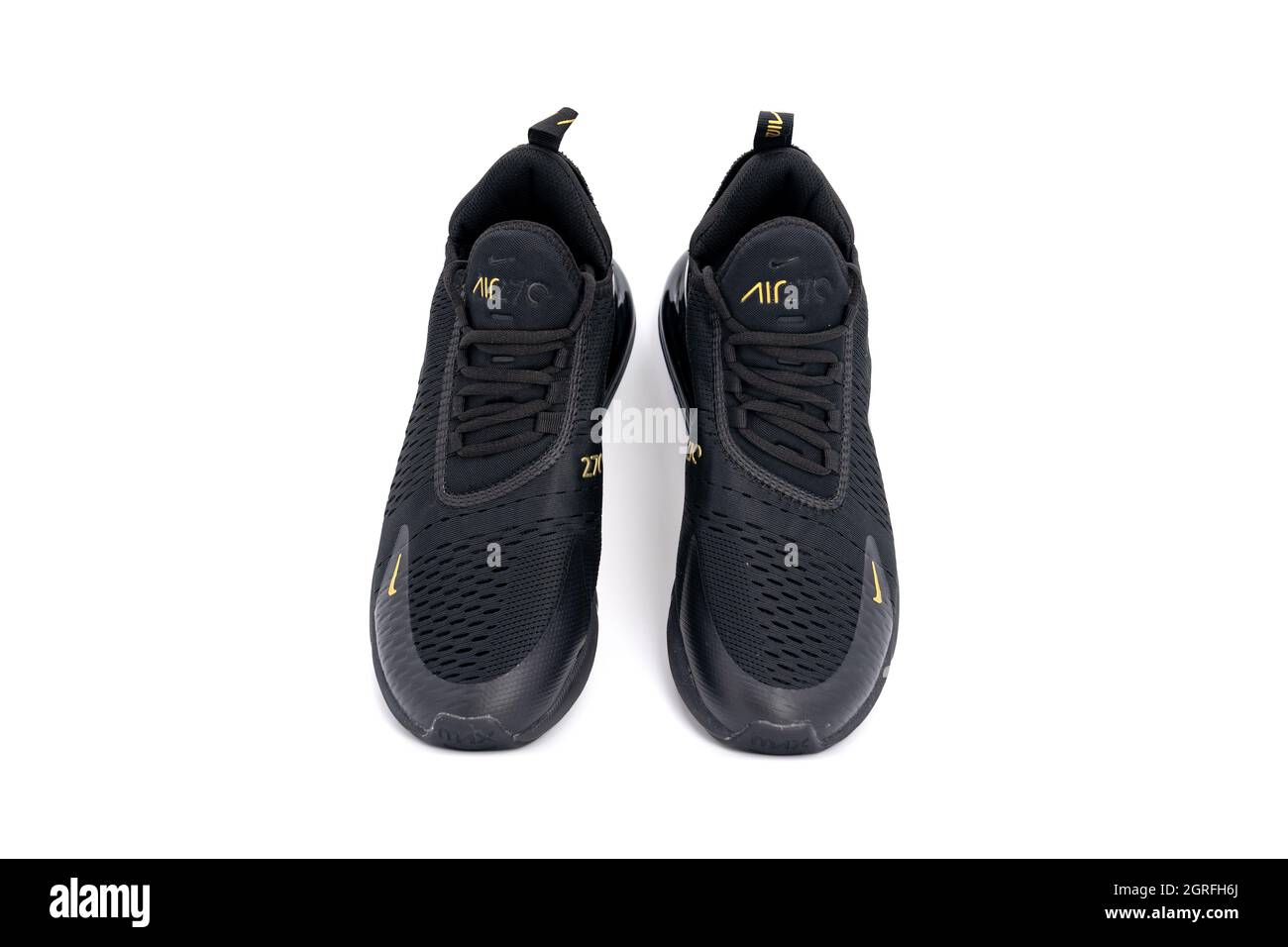 Bangkok, Thailand - 23 Mar 2020, Nike air max 270 black and gold adult's  sport shoes, sneakers, trainers detailed close up shot on studio light  white Stock Photo - Alamy