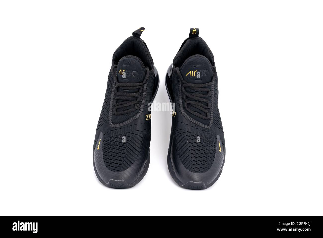 Bangkok, Thailand - 23 Mar 2020, Nike air max 270 black and gold adult's sport shoes, sneakers, trainers detailed close up shot on studio light white Stock Photo Alamy