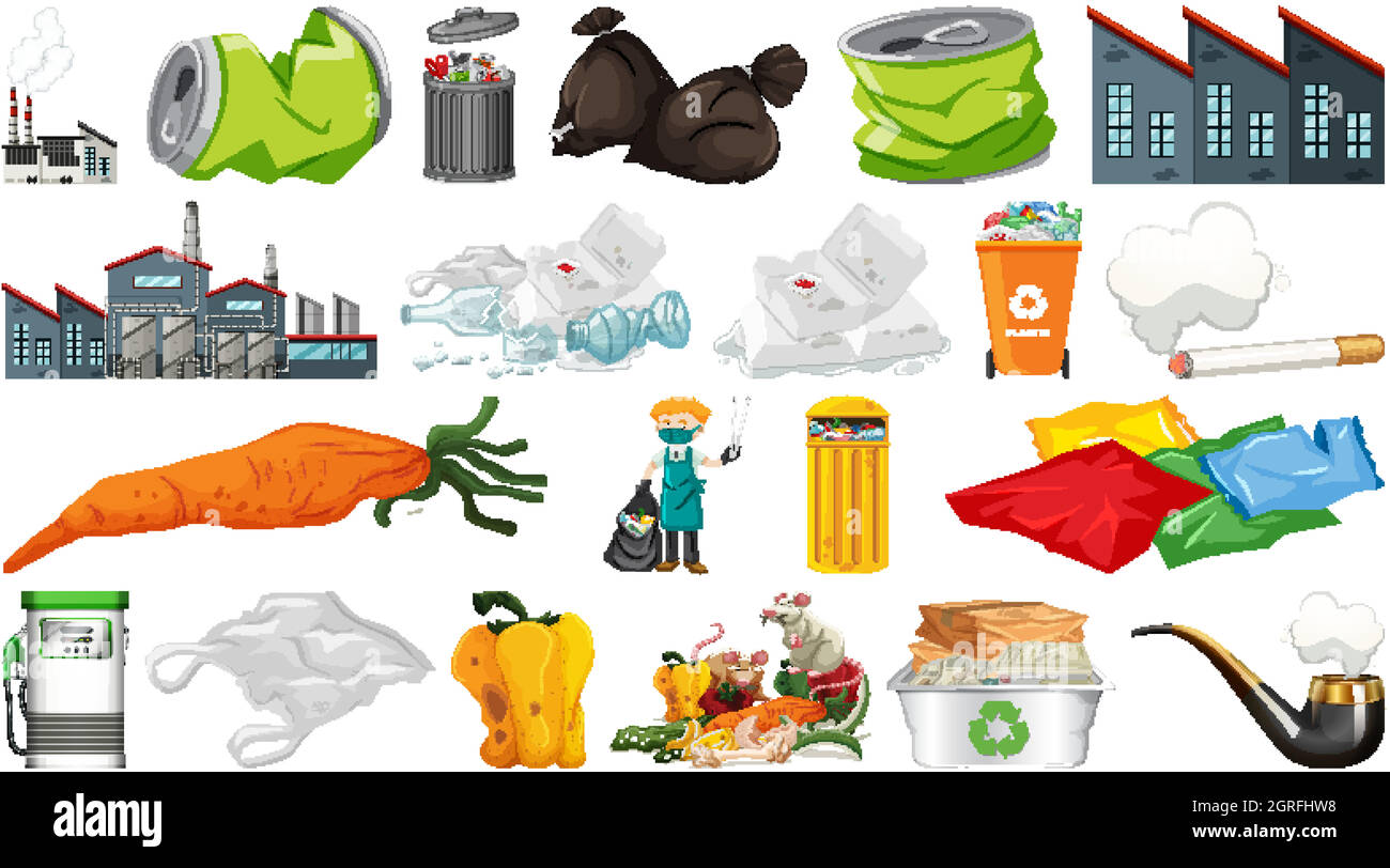 Pollution, litter, rubbish and trash objects isolated Stock Vector ...