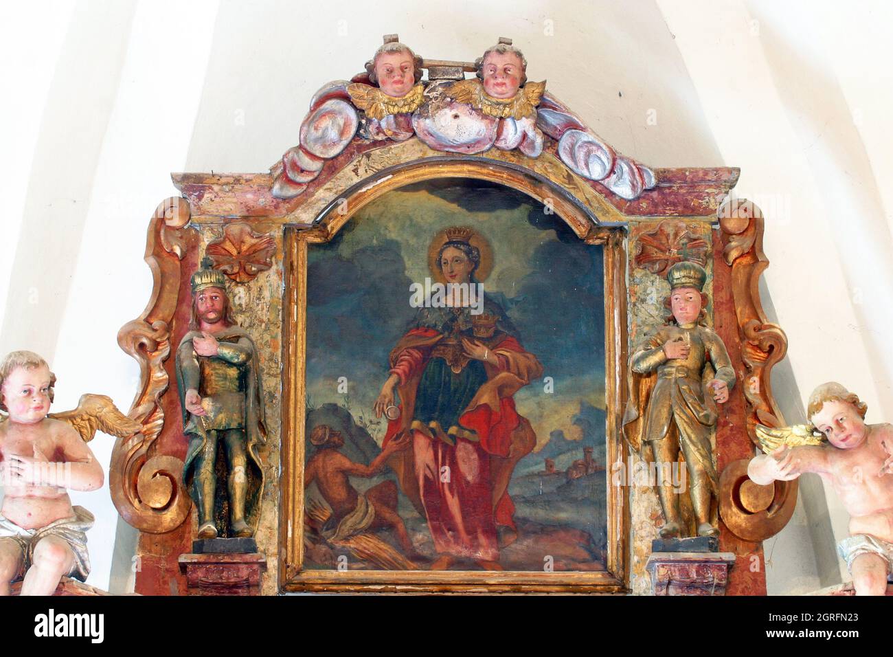 St. Elizabeth, altarpiece on the altar of the Holy Trinity in the parish Church of the Visitation of the Virgin Mary in Vinagora, Croatia Stock Photo