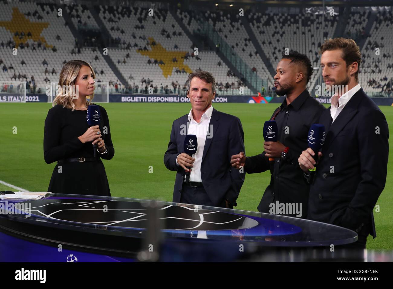 Turin, Italy. 29th Sep, 2021. The Amazon Prime commentary team ( L to R ):  Giulia Mizzoni, Gianfranco Zola, Patrice Evra and Claudio Marchisio comment  prior to the UEFA Champions League match