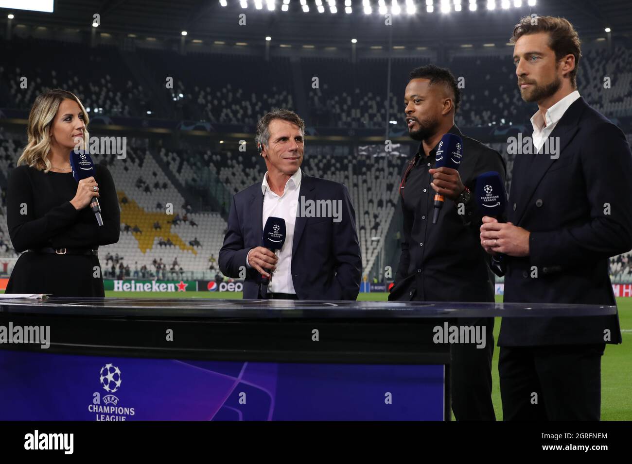 Turin, Italy. 29th Sep, 2021. The Amazon Prime commentary team ( L to R ):  Giulia Mizzoni, Gianfranco Zola, Patrice Evra and Claudio Marchisio comment  prior to the UEFA Champions League match