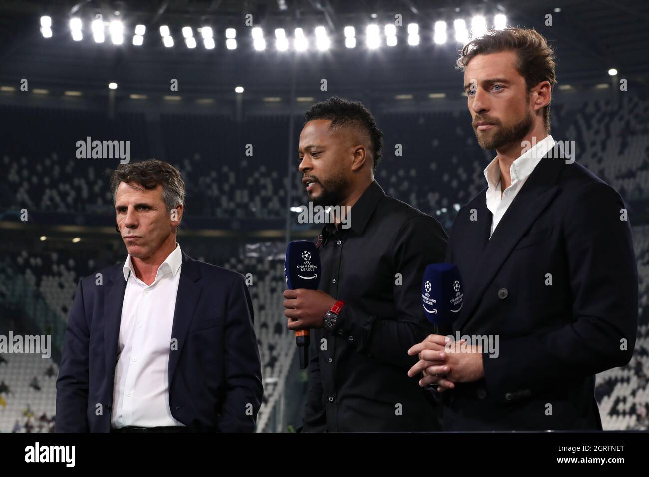 Turin, Italy. 29th Sep, 2021. Members of the Amazon Prime commentary team (  L to R ): Gianfranco Zola, Patrice Evra and Claudio Marchisio comment prior  to the UEFA Champions League match