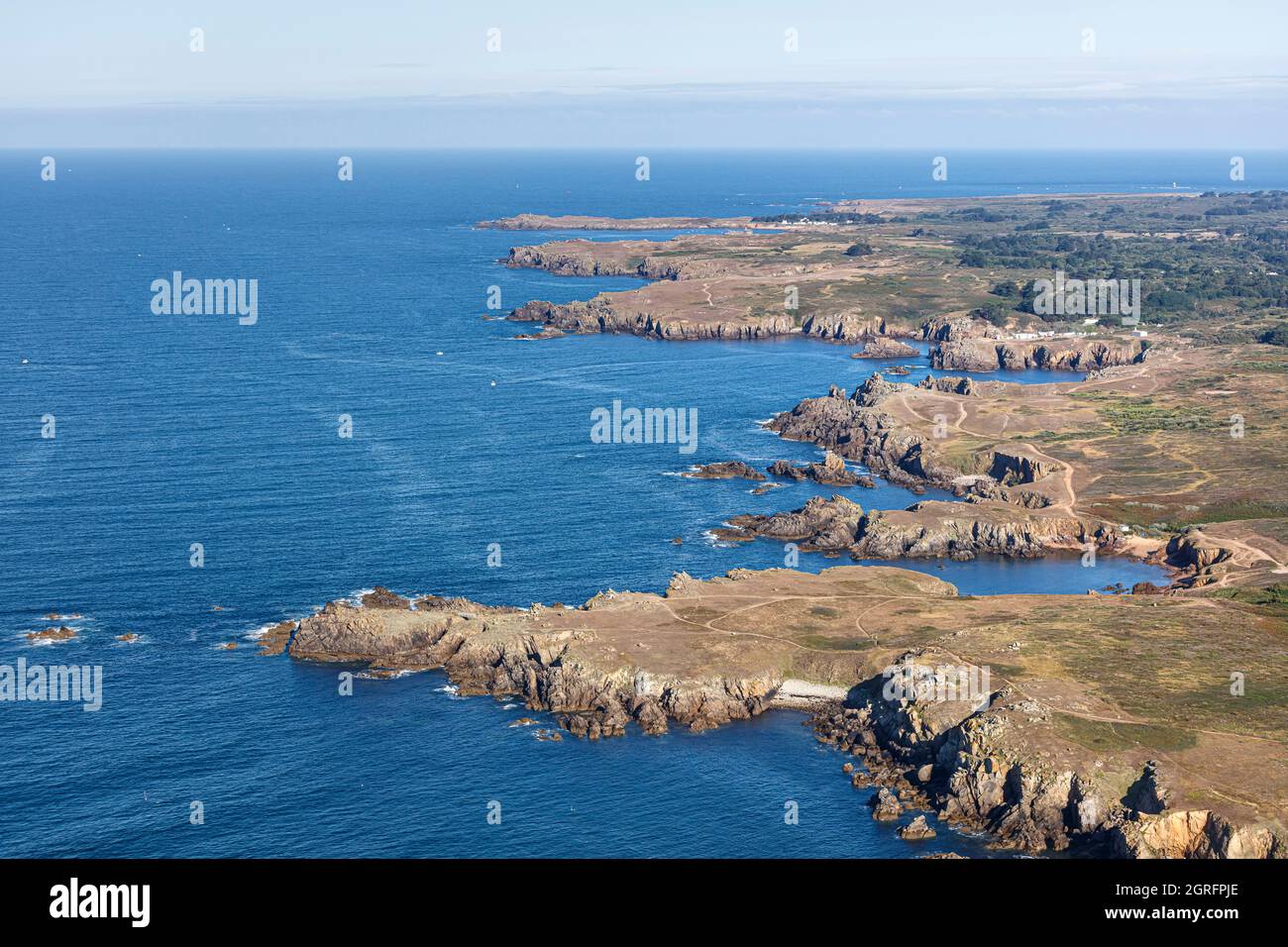 France, Vendee, Ile d'Yeu, the Pointe de la Tranche and the wild coast (aerial view) Stock Photo