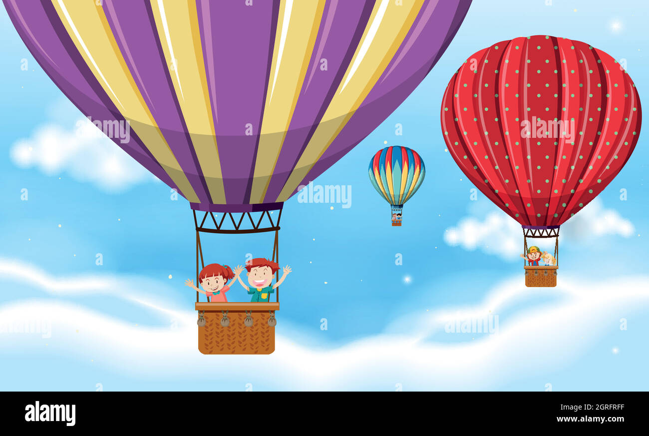 Children riding hot air balloon Stock Vector
