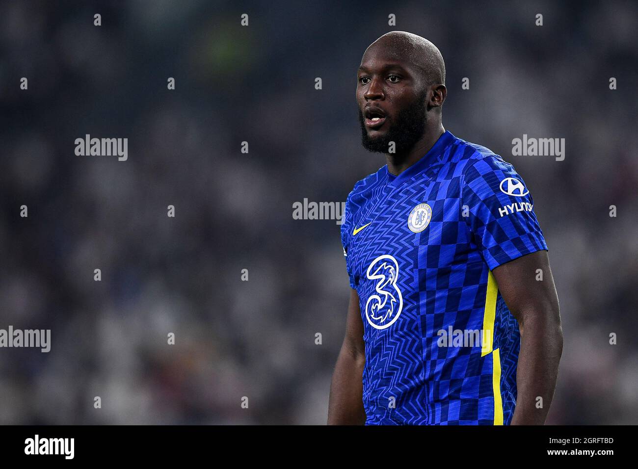 Turin, Italy. 29 September 2021. Romelu Lukaku of Chelsea FC looks on during the UEFA Champions League football match between Juventus FC and Chelsea FC. Credit: Nicolò Campo/Alamy Live News Stock Photo