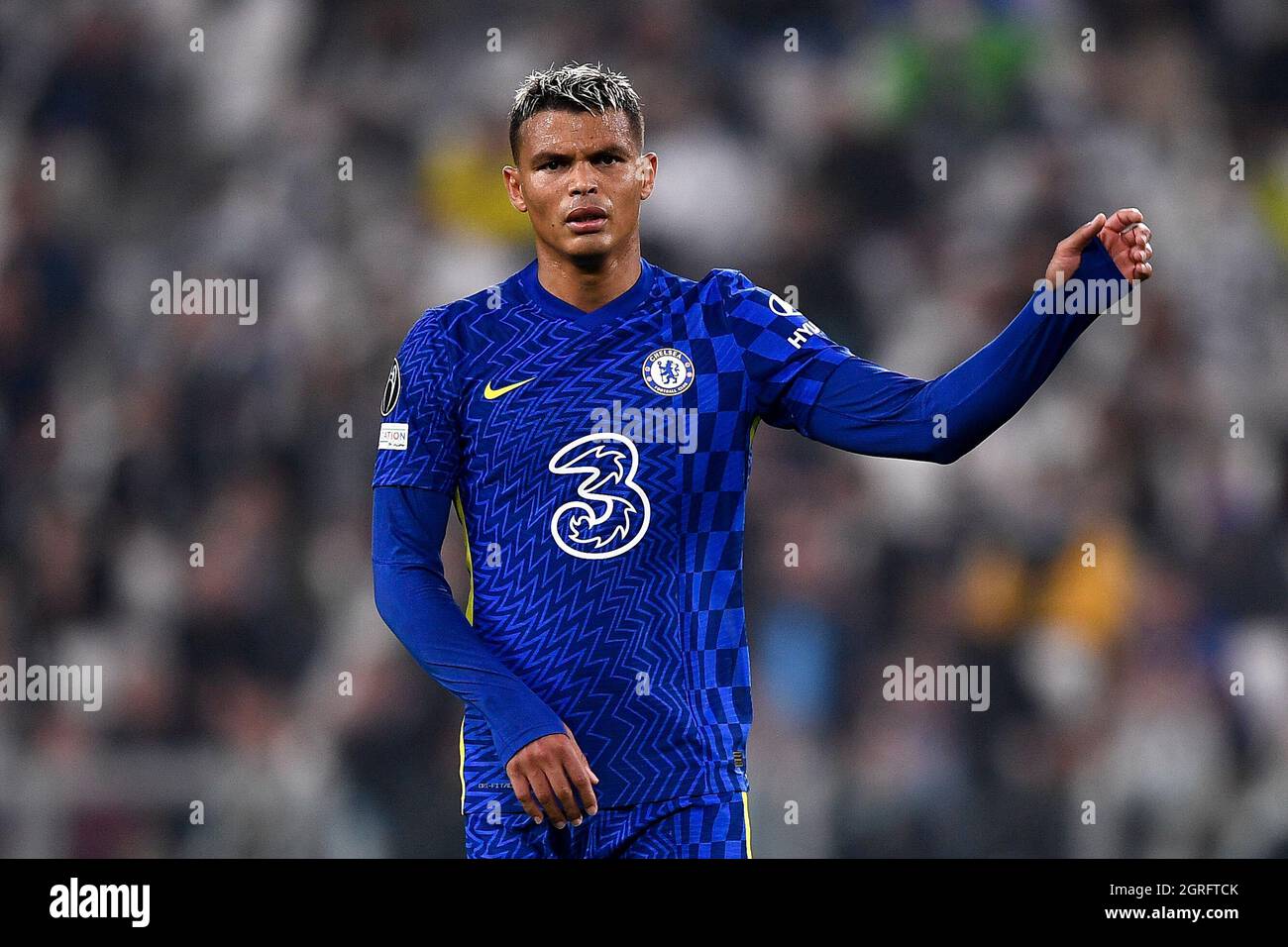 Turin, Italy. 29 September 2021. Thiago Silva of Chelsea FC gestures during the UEFA Champions League football match between Juventus FC and Chelsea FC. Credit: Nicolò Campo/Alamy Live News Stock Photo