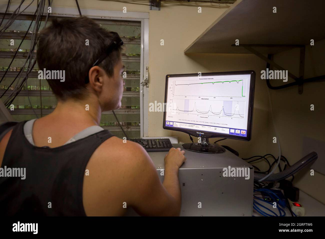 France, French Guiana, Kourou, Paracou research station (managed by CIRAD) studying gas exchanges (carbon cycle) between the different strata of the tropical rainforest, Guyaflux tower Stock Photo