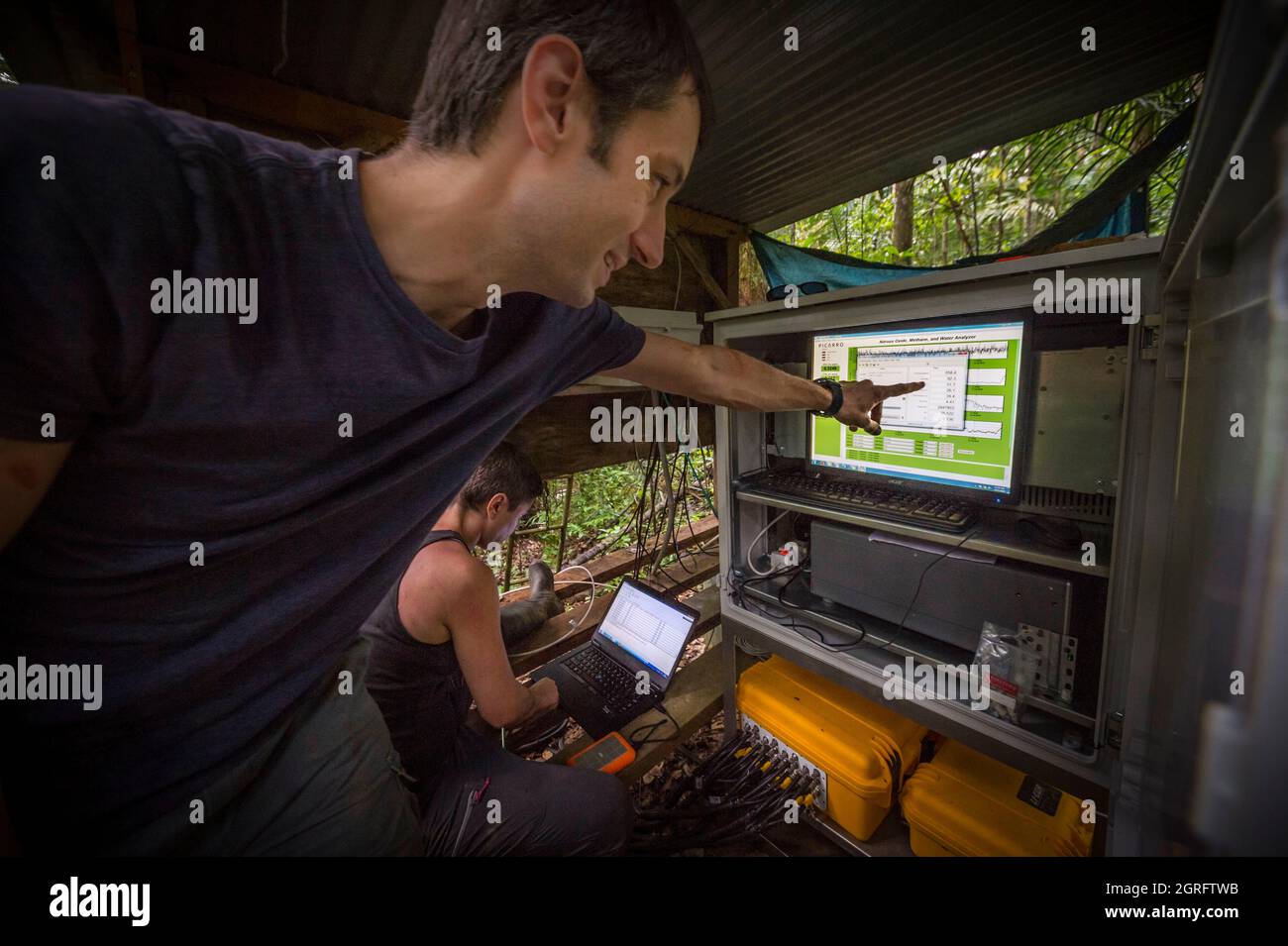 France, French Guiana, Kourou, Paracou research station (managed by CIRAD) studying gas exchanges (carbon cycle) between the different strata of the tropical rainforest Stock Photo