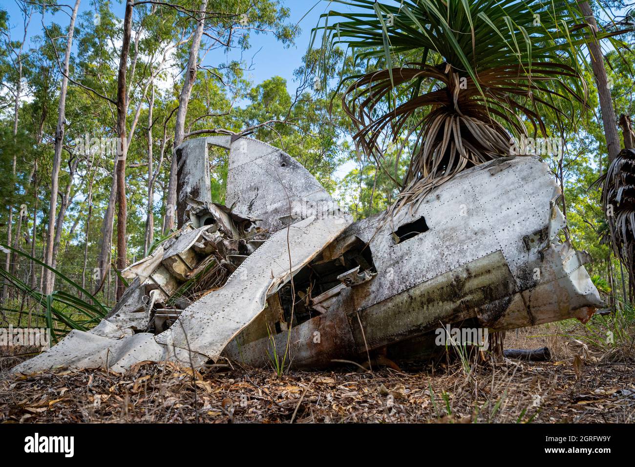 Wreckage of Beaufort Bomber which crash landed near Higgins Field, in 1945. Bamaga, Queensland, Australia Stock Photo