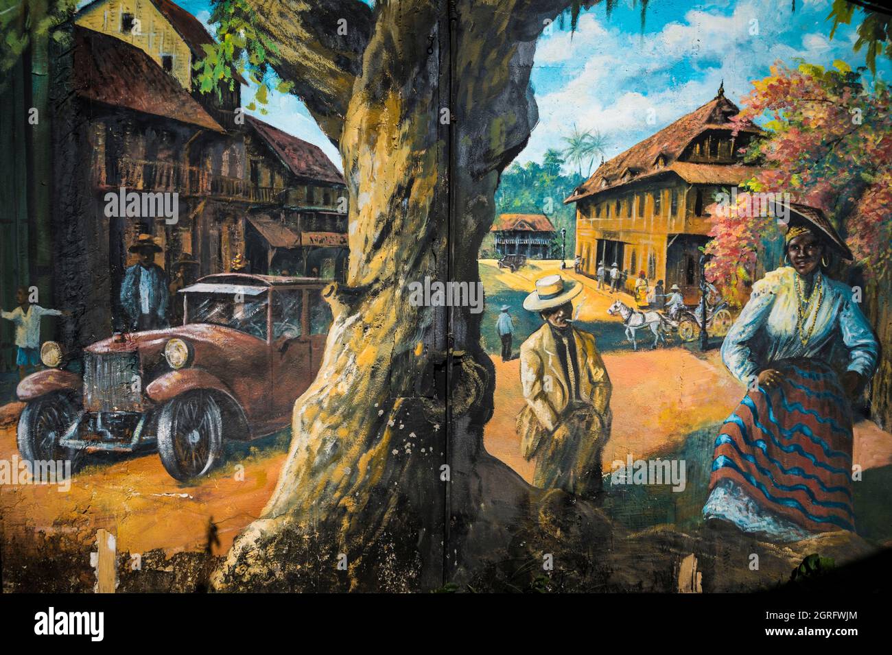 France, French Guiana, Cayenne, historical frescoes in the city center