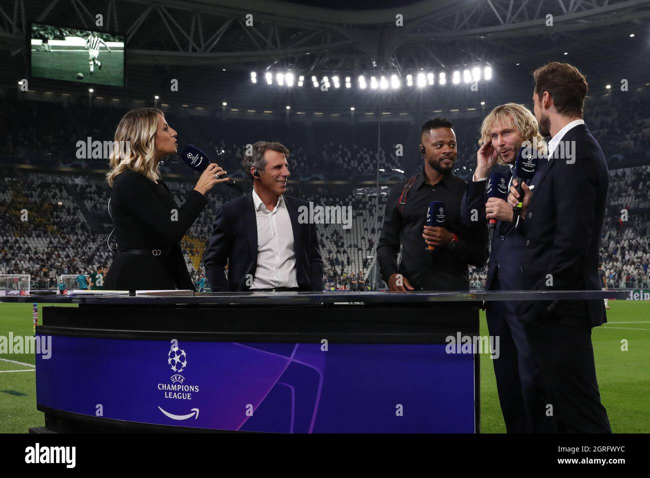 Turin, Italy. 29th Sep, 2021. Pavel Nedved Vice President of Juventus (  second from right ) joins the Amazon Prime commentary team ( L to R ):  Giulia Mizzoni, Gianfranco Zola, Patrice