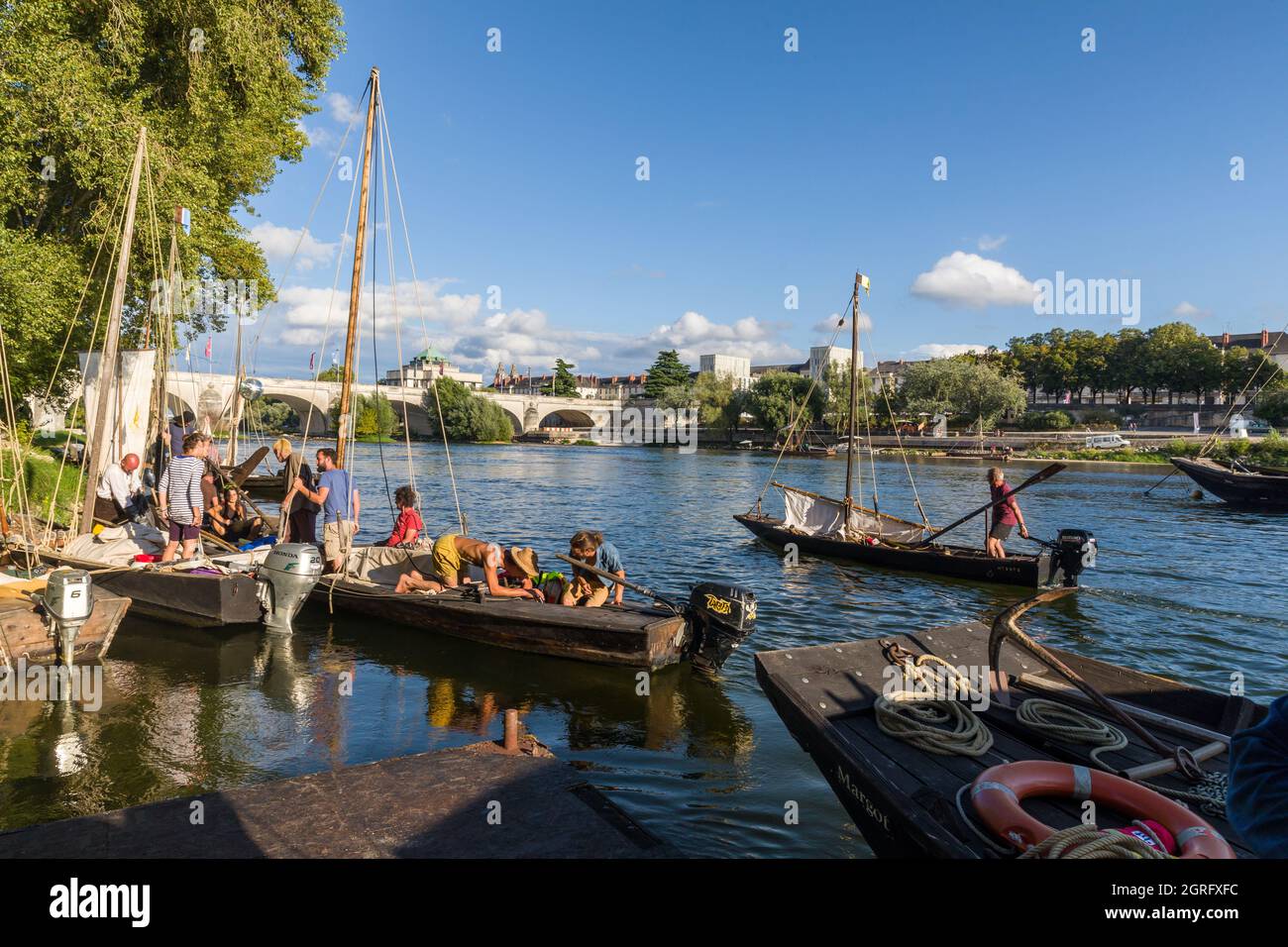 France, Indre et Loire, Loire valley listed as World Heritage by UNESCO,  Tours, Le Grand Retournement, flotilla of traditional boats going up the  Loire from Montjean to Orléans, sailors from Anjou, Touraine,