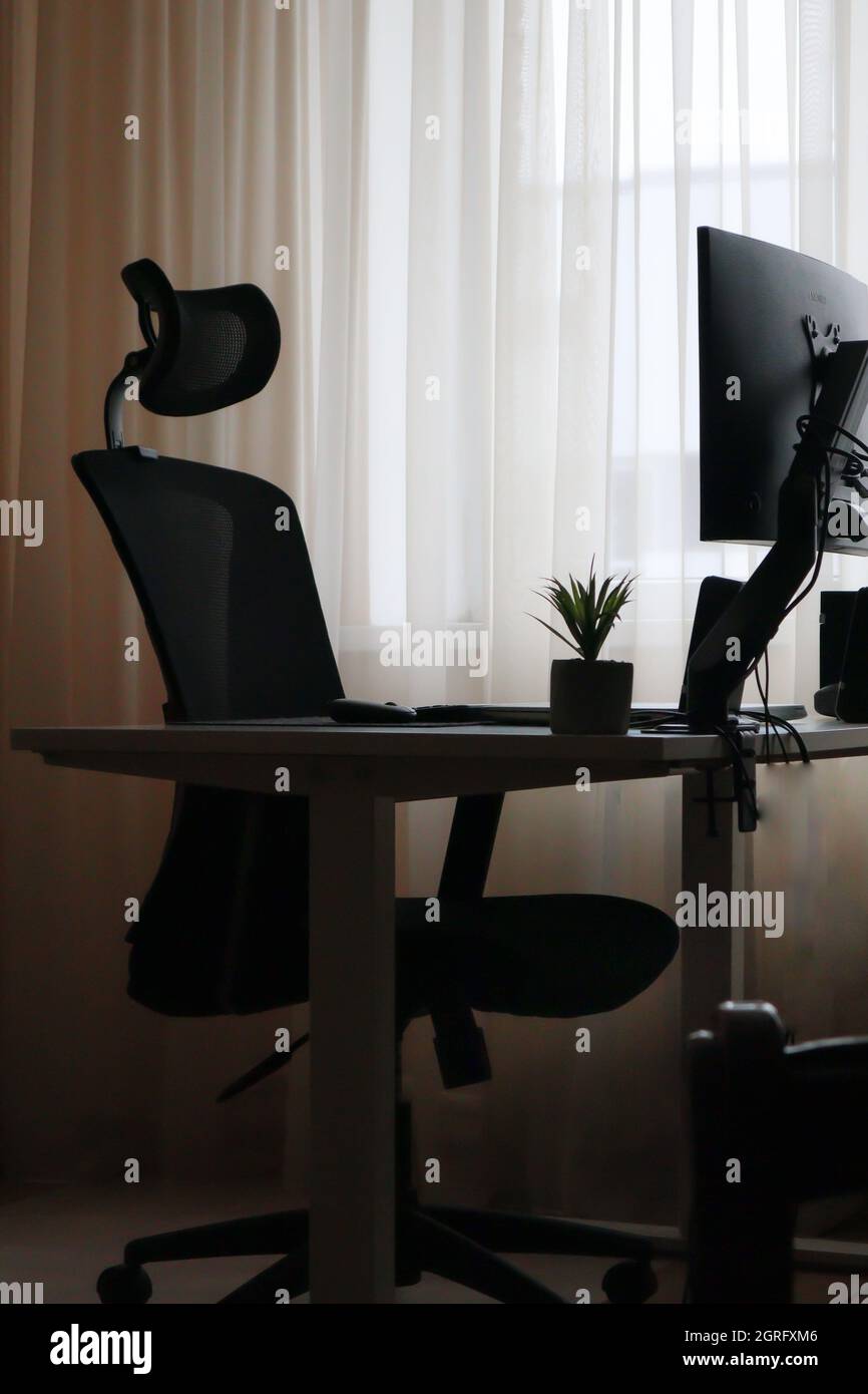 Workspace at home with a laptop. Minimalism interior with houseplants. Home office. Freelance job. Study time. Distance learning Stock Photo