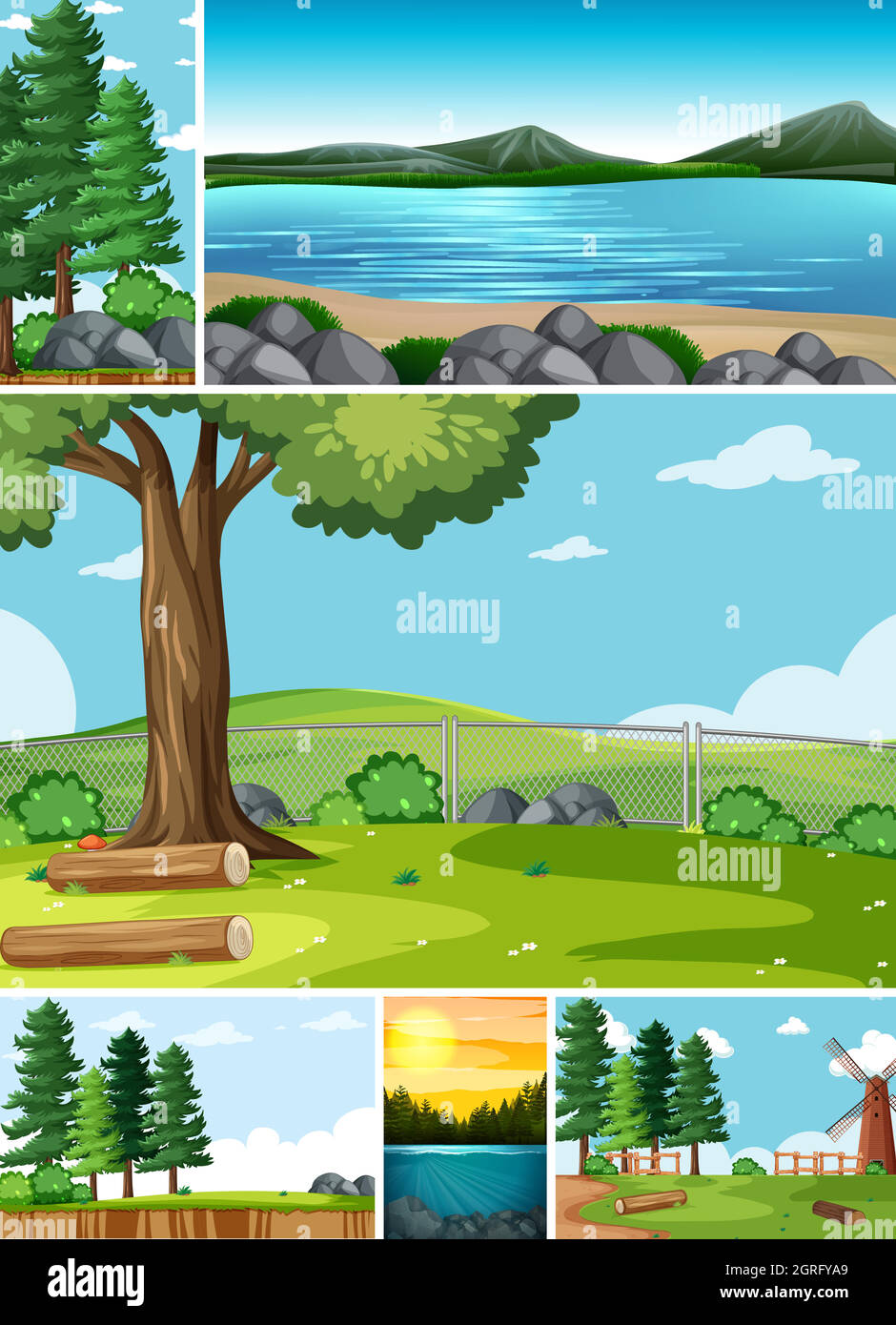 Six different scenes in nature setting cartoon style Stock Vector Image