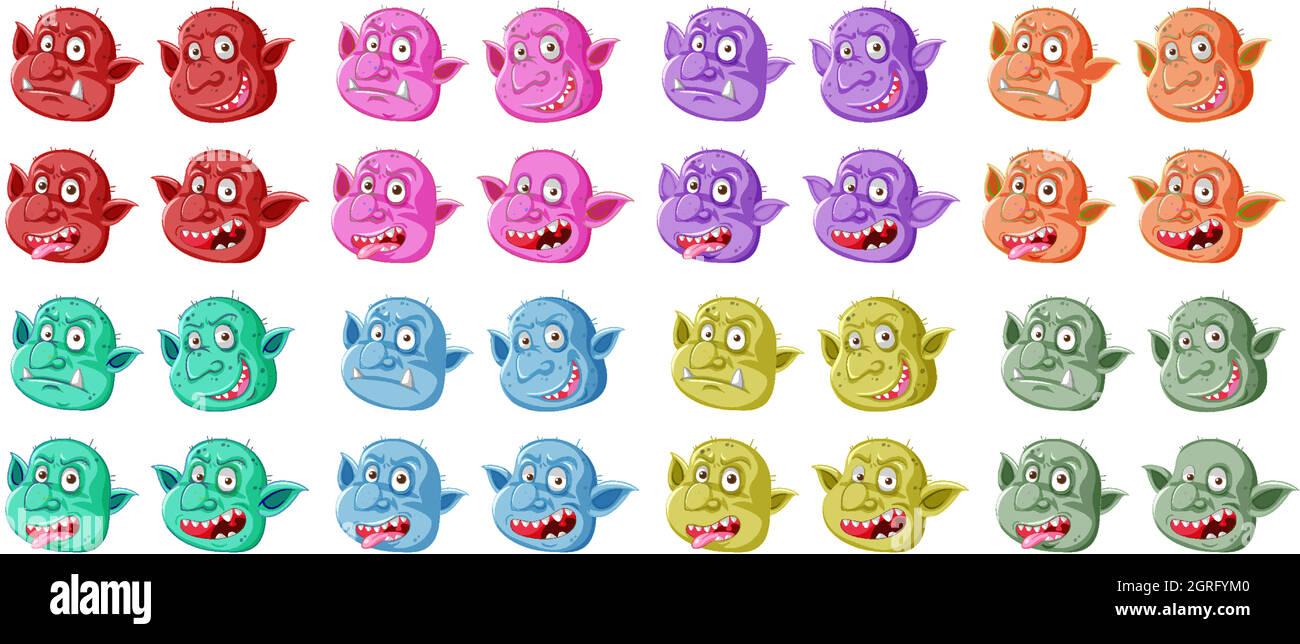 Set of colorful goblin or troll face in different expressions in cartoon style isolated Stock Vector