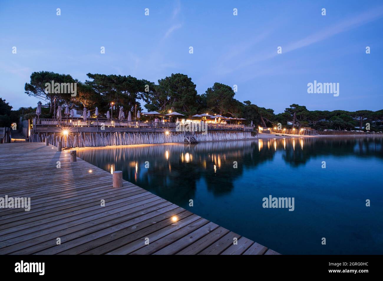 France, Corse du Sud, Gulf of Porto Vecchio, Porto Vecchio, Grand Hotel Cala Rossa, beach bar restaurant Stock Photo
