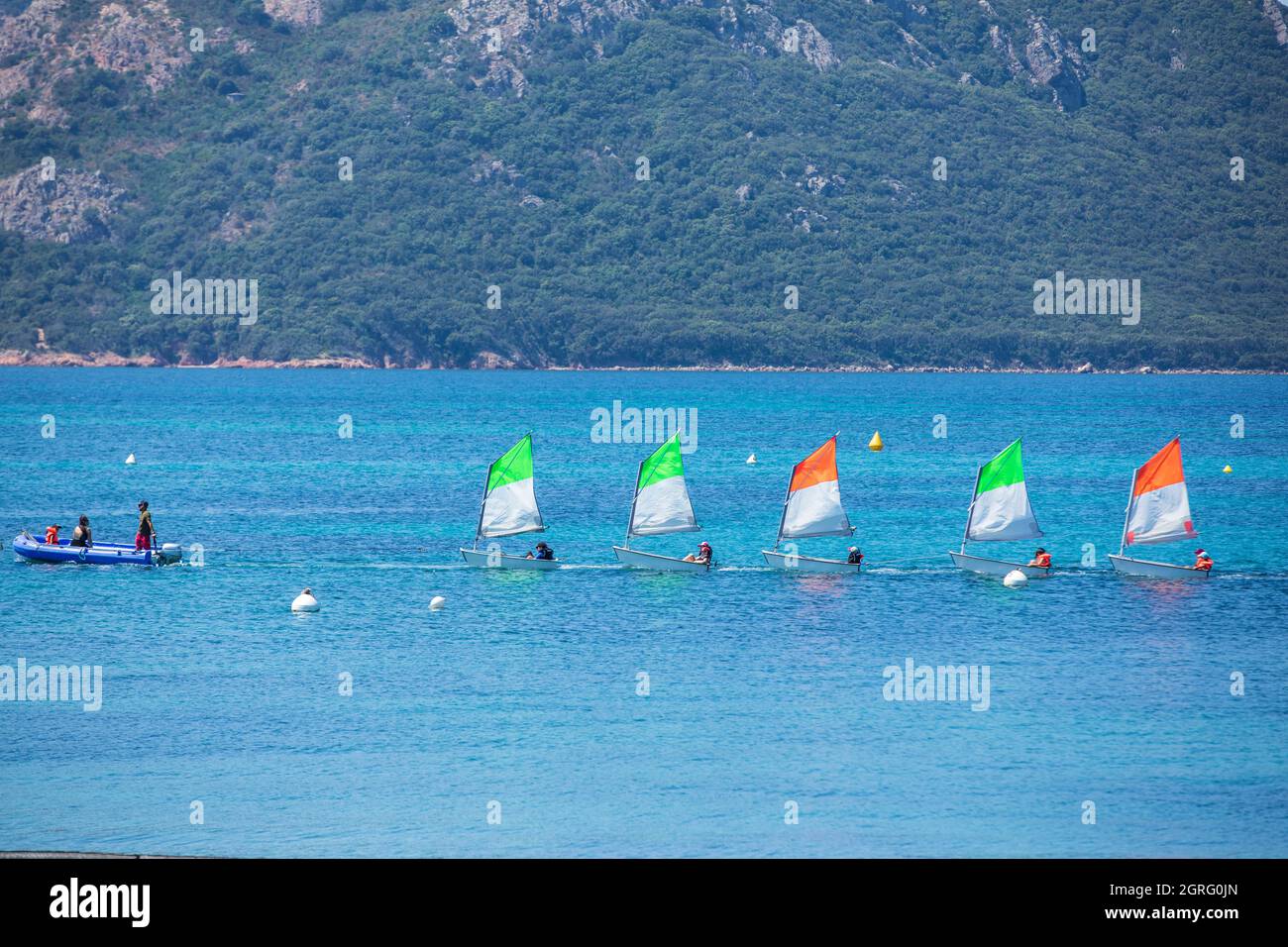 France, Corse du Sud, Gulf of Porto Vecchio, Lecci, tip of Cala Rossa, sailing school, optimist Stock Photo