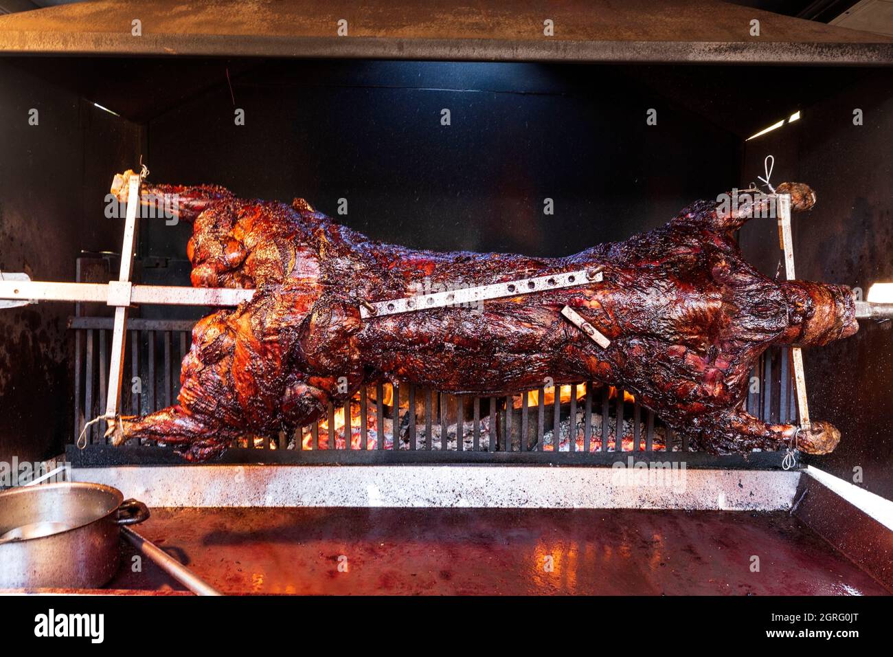 France, Corse du Sud, Domaine de Murtoli, preparation of the veal (tiger  cow) on a spit Stock Photo - Alamy