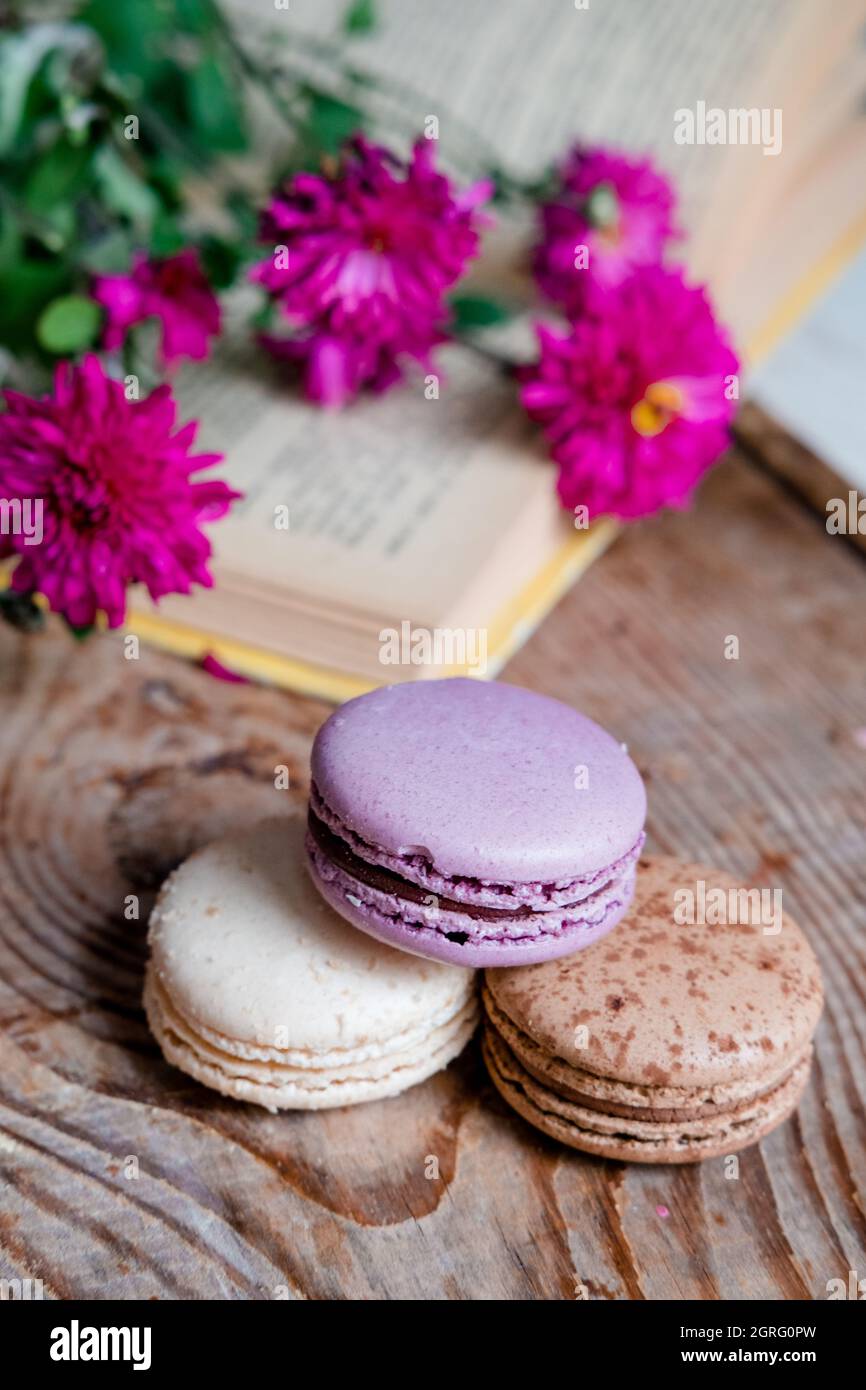 macarons background red flowers and books, on a wooden table. Vertical frame. Aesthetics with macaroons and flowers. Beautiful cakes on a wooden table Stock Photo