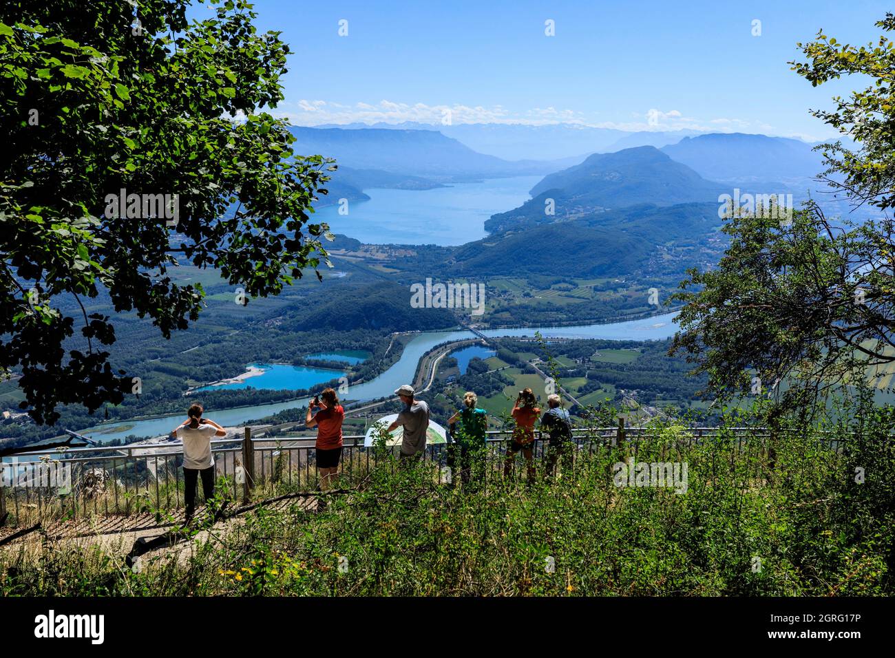 France, Ain, Culoz, Rhone river, Bourget lake in the background, tourists on the Grand Colombier, belvedere Stock Photo