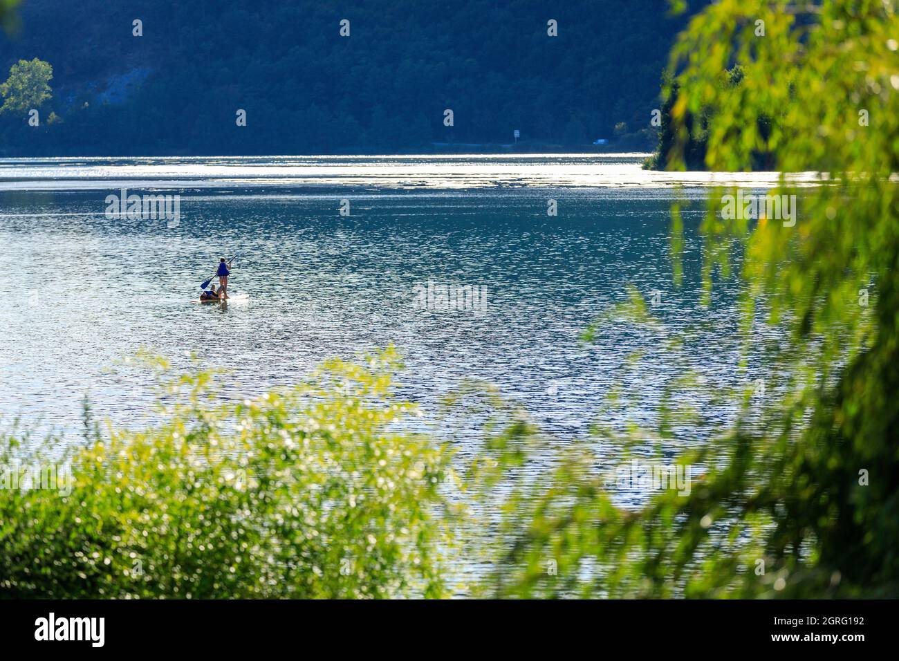 France, Ain, Massignieu de Rives, Lit au Roi lake on the Rhone river, paddle boarding Stock Photo