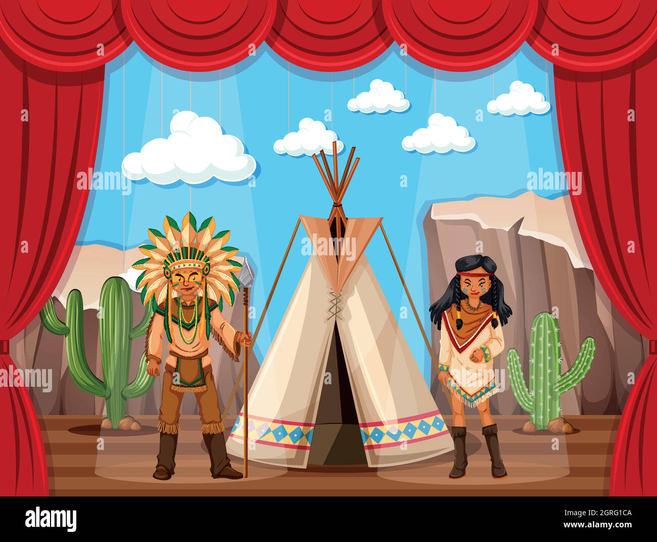 American Indian and teepee on stage Stock Vector