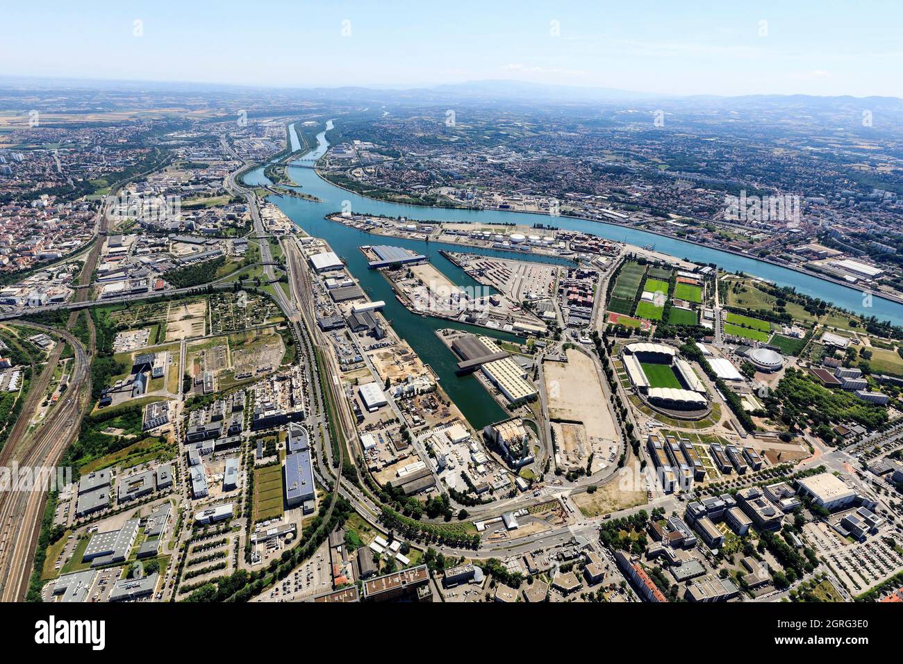 France, Rhone, Lyon, 7th arrondissement, Gerland district, port Edouard Herriot, Rhone river (aerial view) Stock Photo
