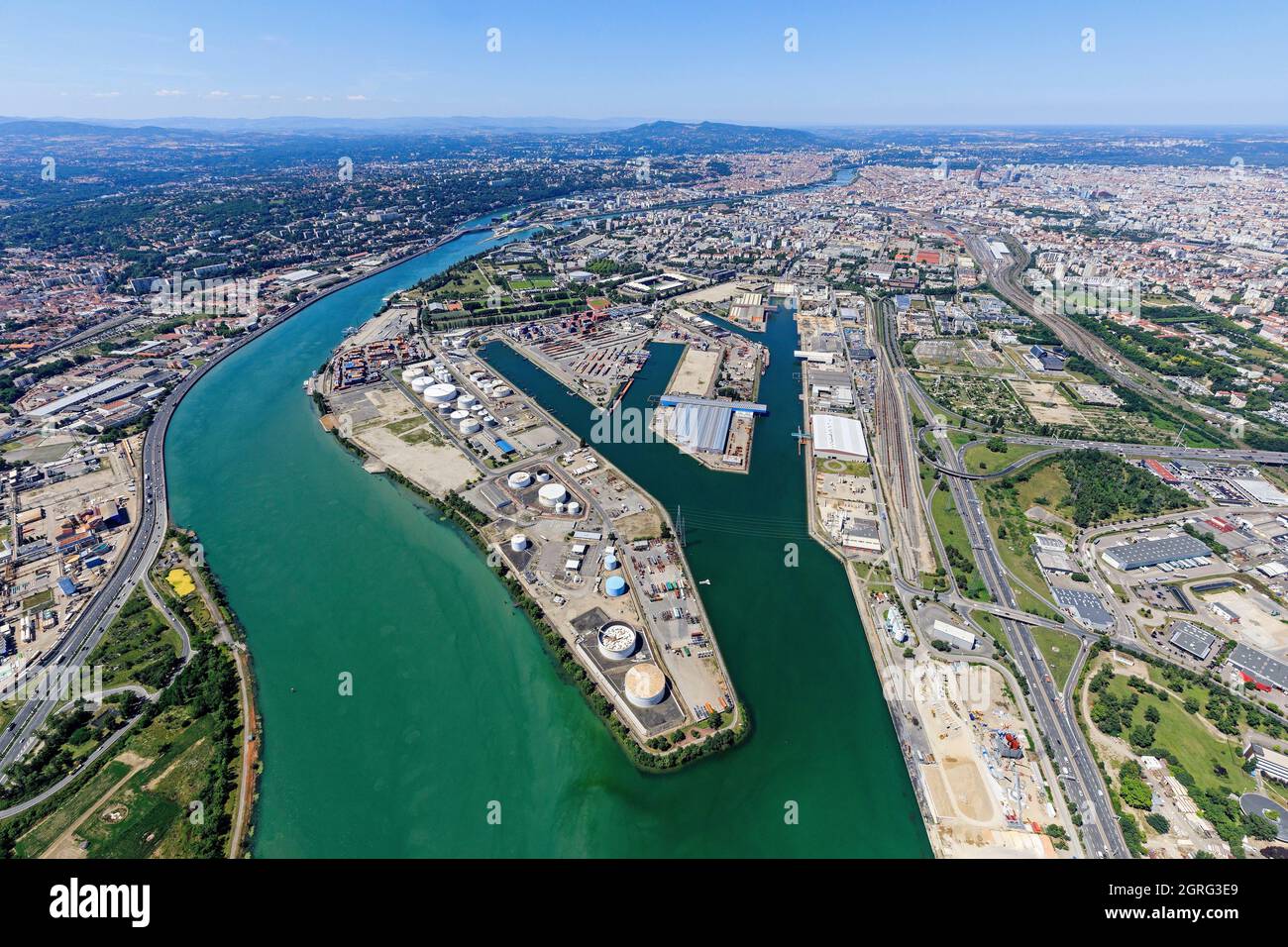 France, Rhone, Lyon, 7th arrondissement, Gerland district, port Edouard Herriot, petroleum warehouse, Rhone river (aerial view) Stock Photo