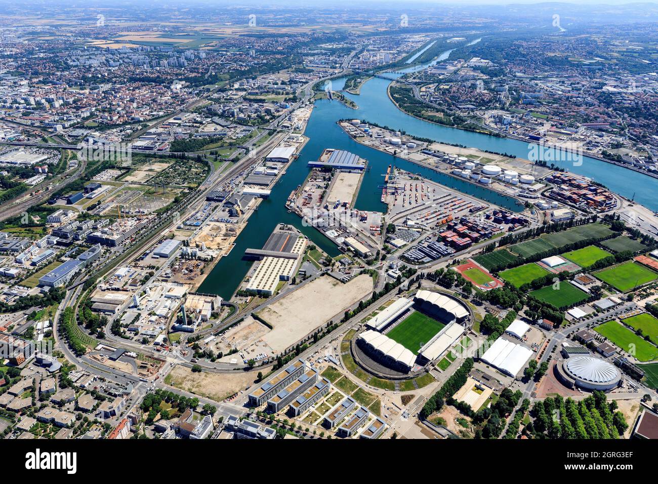 France, Rhone, Lyon, 7th arrondissement, Gerland district, port Edouard Herriot, Rhone river (aerial view) Stock Photo