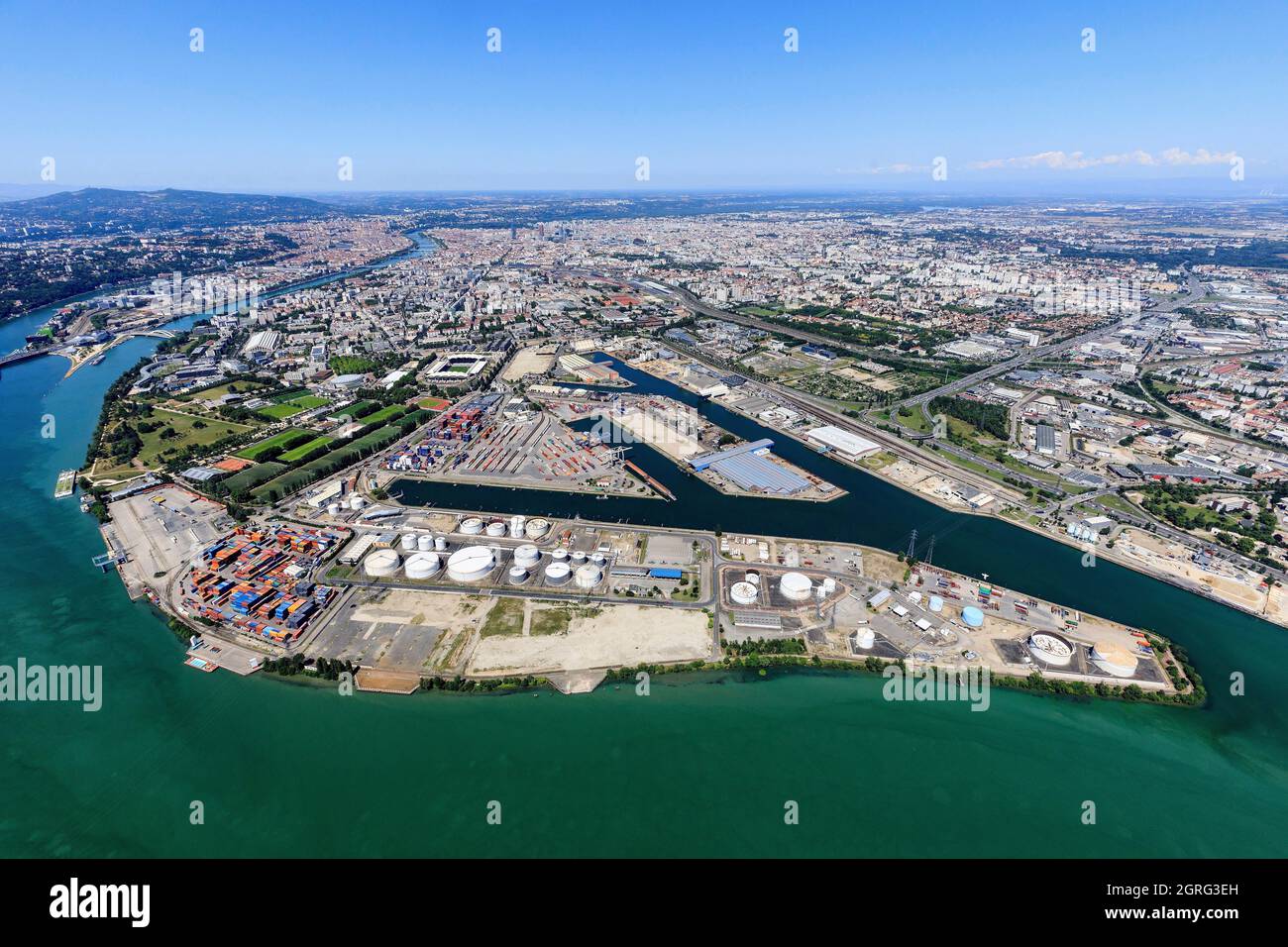 France, Rhone, Lyon, 7th arrondissement, Gerland district, port Edouard Herriot, petroleum warehouse, Rhone river (aerial view) Stock Photo