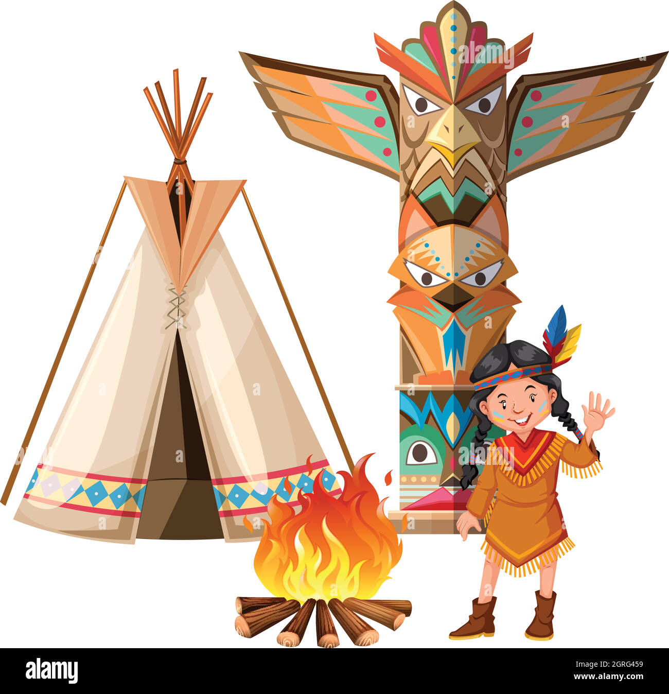 Indian girl and tepee by the campfire Stock Vector