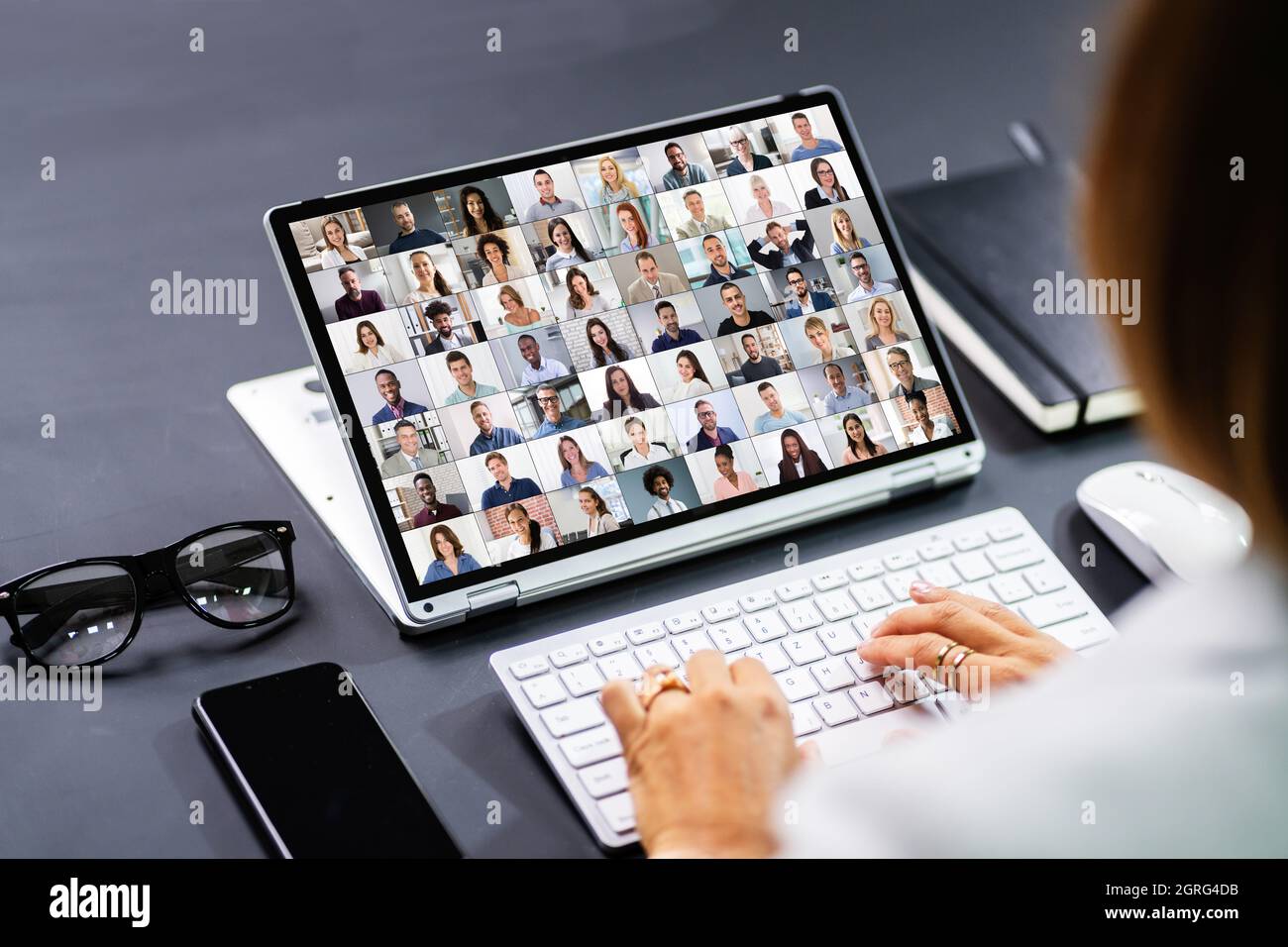 Virtual Conference Interview Meeting In Office Room On Hybrid Tablet ...