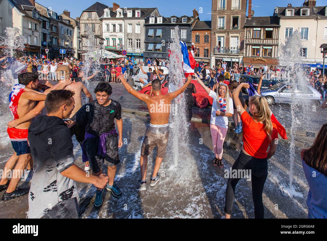 France, Eure, Risle Valley, Pont-Audemer, labeled the Most Beautiful Detours of France, nicknamed the Little Venice of Normandy, supporters of the French football team celebrate victory at the 2018 World Cup Stock Photo